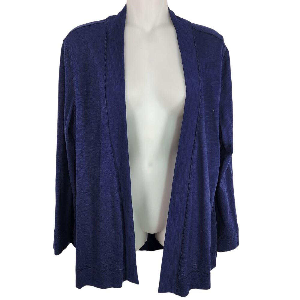 Lilla P Women Classic Cardigan Slub Knit Open Front 100% Cotton Size Medium Blue